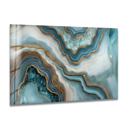 Abstract glass wall art decor showcasing ethereal aquamarine swirls and the softest cloudy white waves.