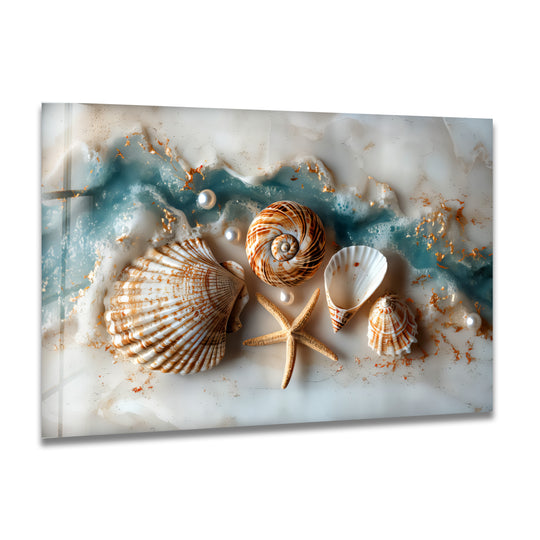 Textured glass wall artwork showcases a swirling ocean of blue resin with delicate gold leaf flecks, scattered pearls, and detailed seashells.