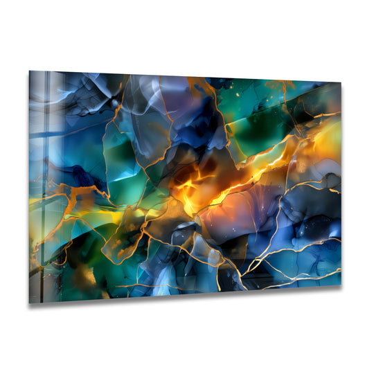 Fractured light in this abstract hanging wall art flows with a dynamic visual rhythm of navy, emerald, and amber hues.