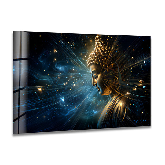 Cool color temperatures accentuate the serene Cosmic Enlightenment glass art, creating a spiritual ambiance that highlights the Buddha's radiance as one of the best glass art.