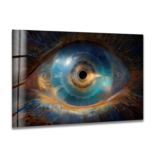 Abstract eye of the infinite glass wall art with extensive negative space, a unique modern wall decor.