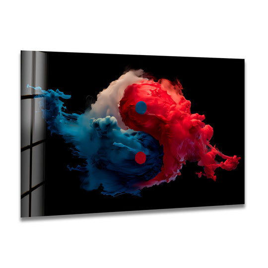 This glass wall art has a sleek edge showing swirling blue and red ink against a black background.