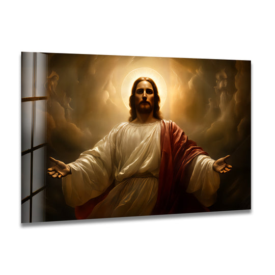 Christ’s loving image, illuminated by divine light, is captured in this sacred Jesus portrait glass printing, making it a reverent piece of glass wall art.