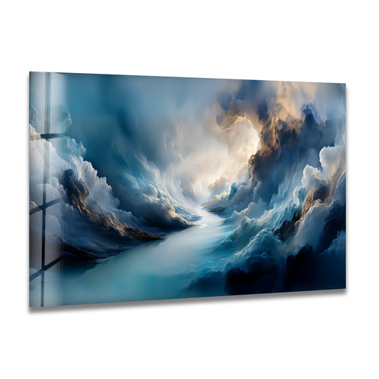 Celestial cloudscape glass art featuring angular geometric cloud formations and straight lines.