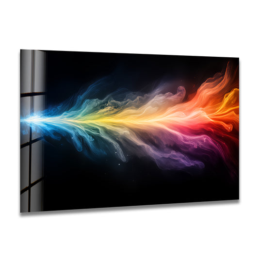 Prismatic Flow abstract rainbow energy glass wall art painting features a lustrous glass finish with vibrant, flowing colors.