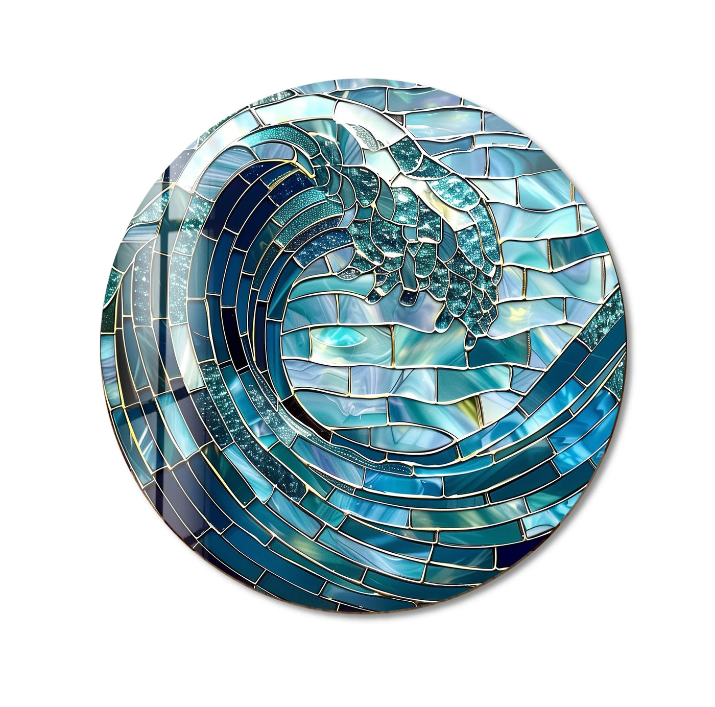 Textured surface of ocean wave in blue mosaic round glass wall art decor showcases a stylized, tessellated design.