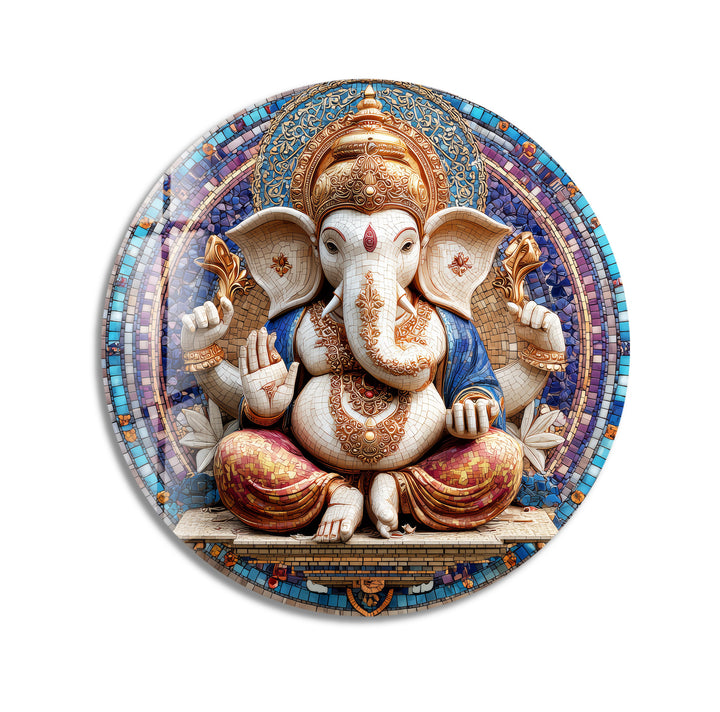 Divine Ganesha Mosaic – Round Glass Wall Art