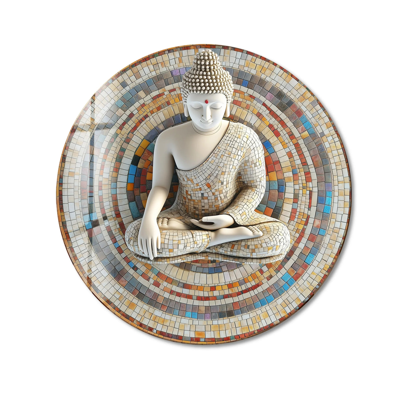 Showcasing the layering effect, this round glass wall artwork features a serene Buddha layered over concentric mosaic tile rings, creating a dimensional, meditative display.