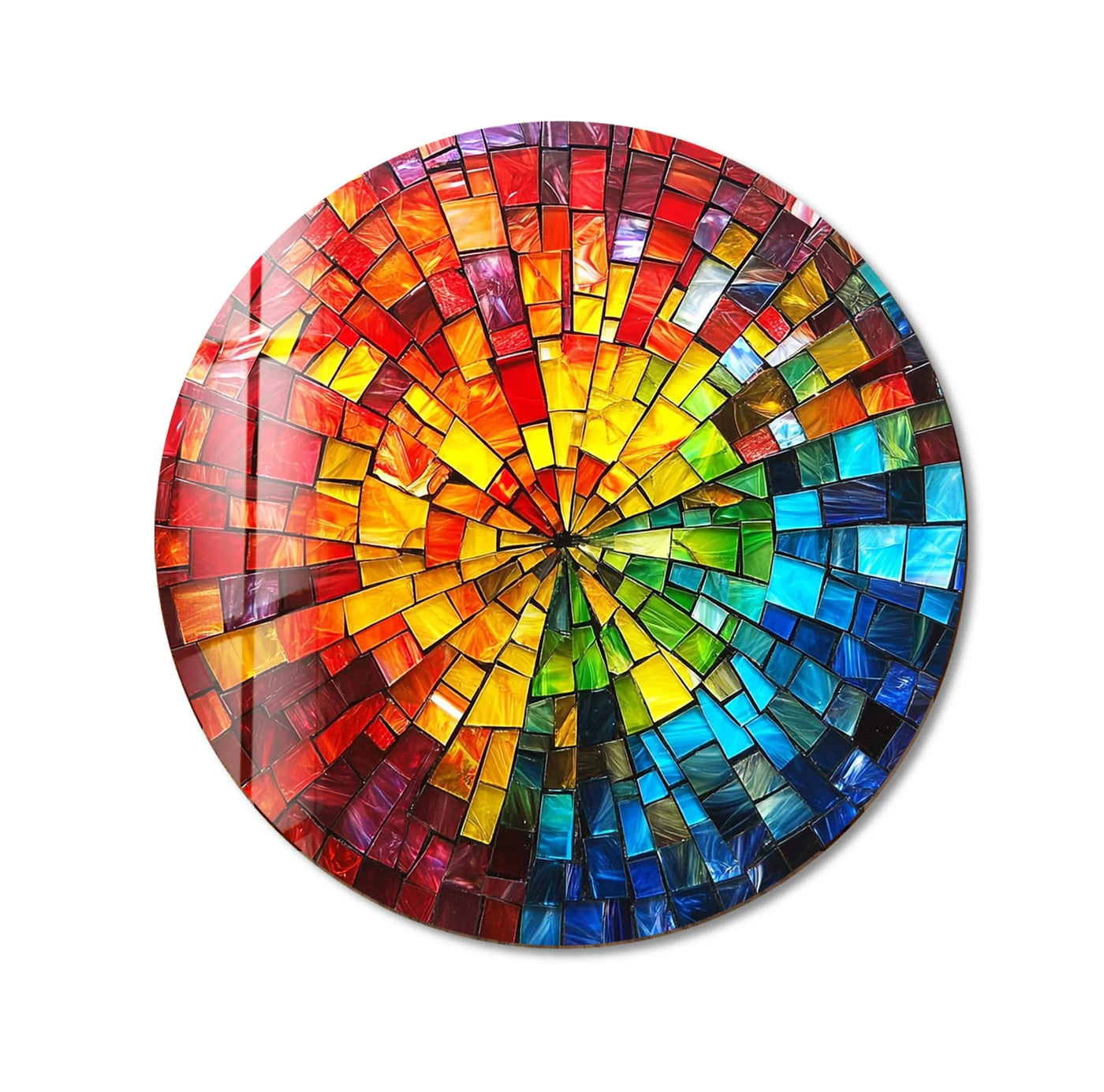 The edge and borders highlight the smooth, circular glass printing of the 'Solar Prism Mosaic Round Glass Wall Art,' enhancing its vibrant, colorful design.