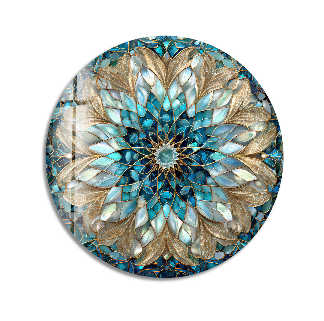 Celestial Bloom Mandala – Round Glass Wall Art