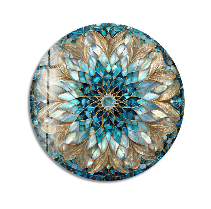 Celestial Bloom Mandala – Round Glass Wall Art
