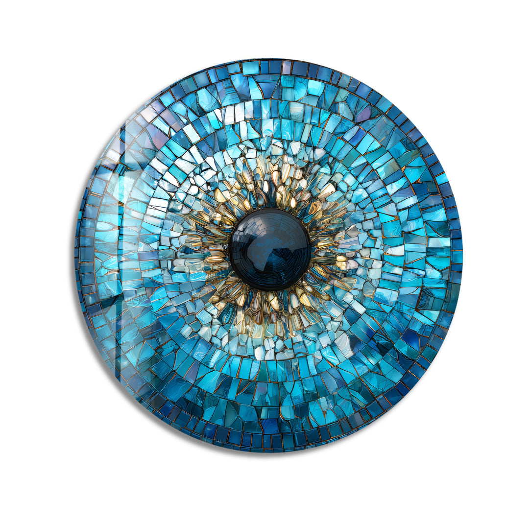 Golden Blue Mosaic Evil Eye – Round Glass Wall Art