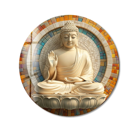 Layering tones enhance this round glass wall art, creating a tranquil Buddha mosaic that utilizes innovative glass printing to capture the serene image.