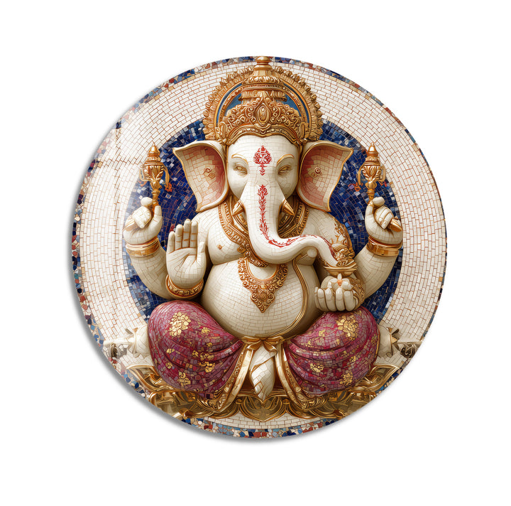 Golden Grace Ganesha – Round Glass Wall Art