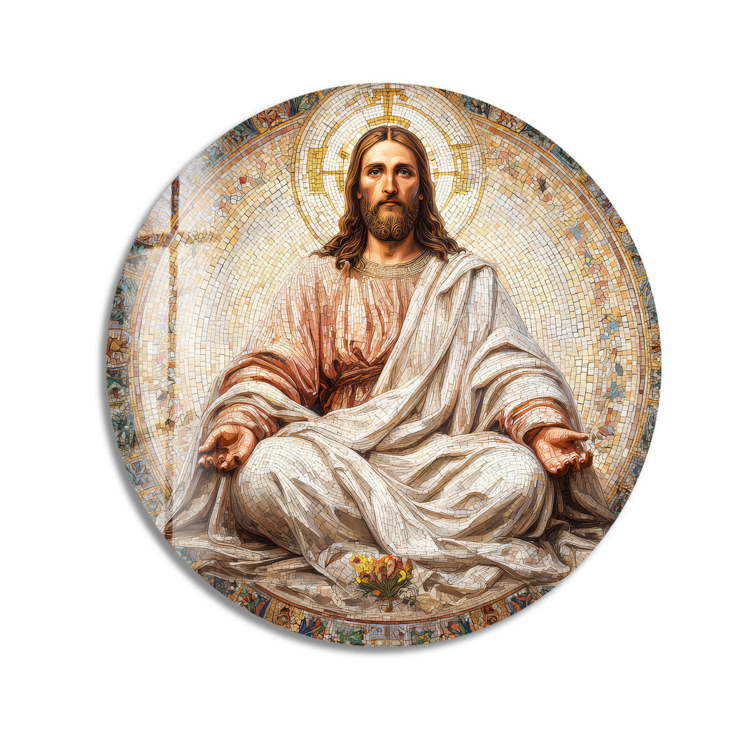 Radiant Christ in Serenity – Mosaic Round Glass Wall Art
