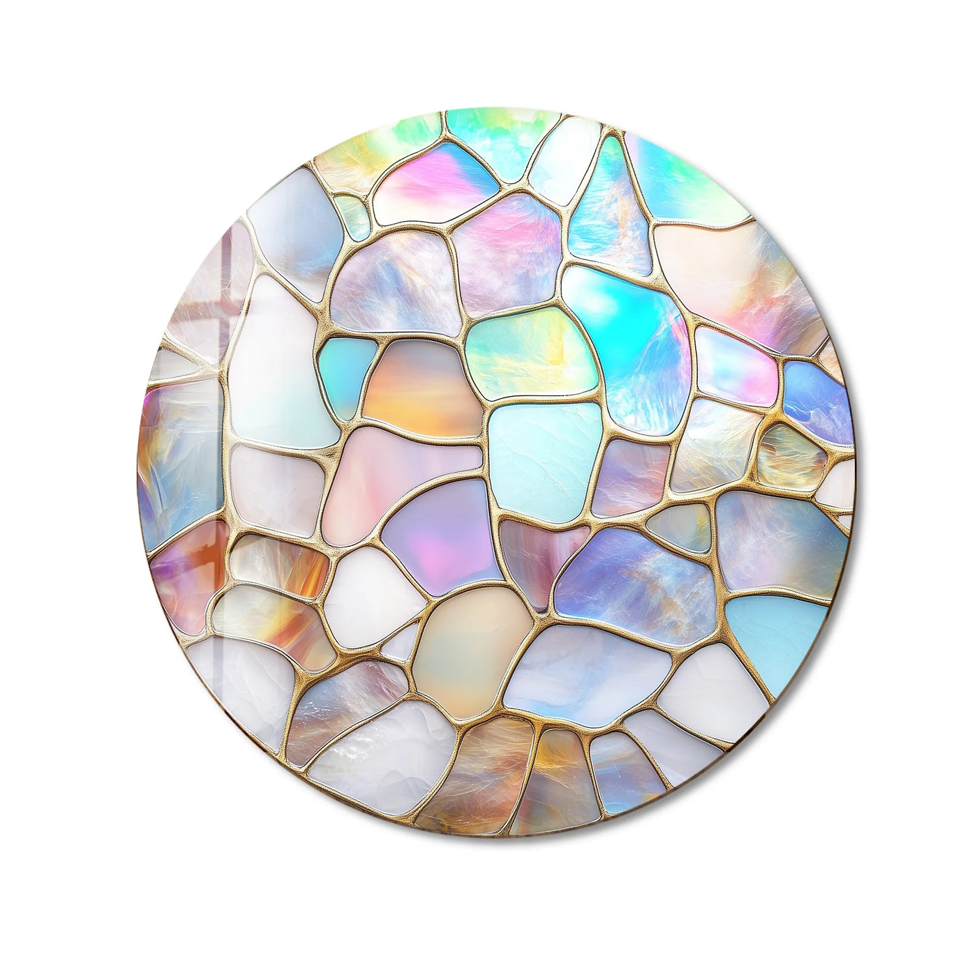Intricate layering effect showcases the iridescent pastel mosaic in this round tempered glass wall art, creating depth and visual texture.