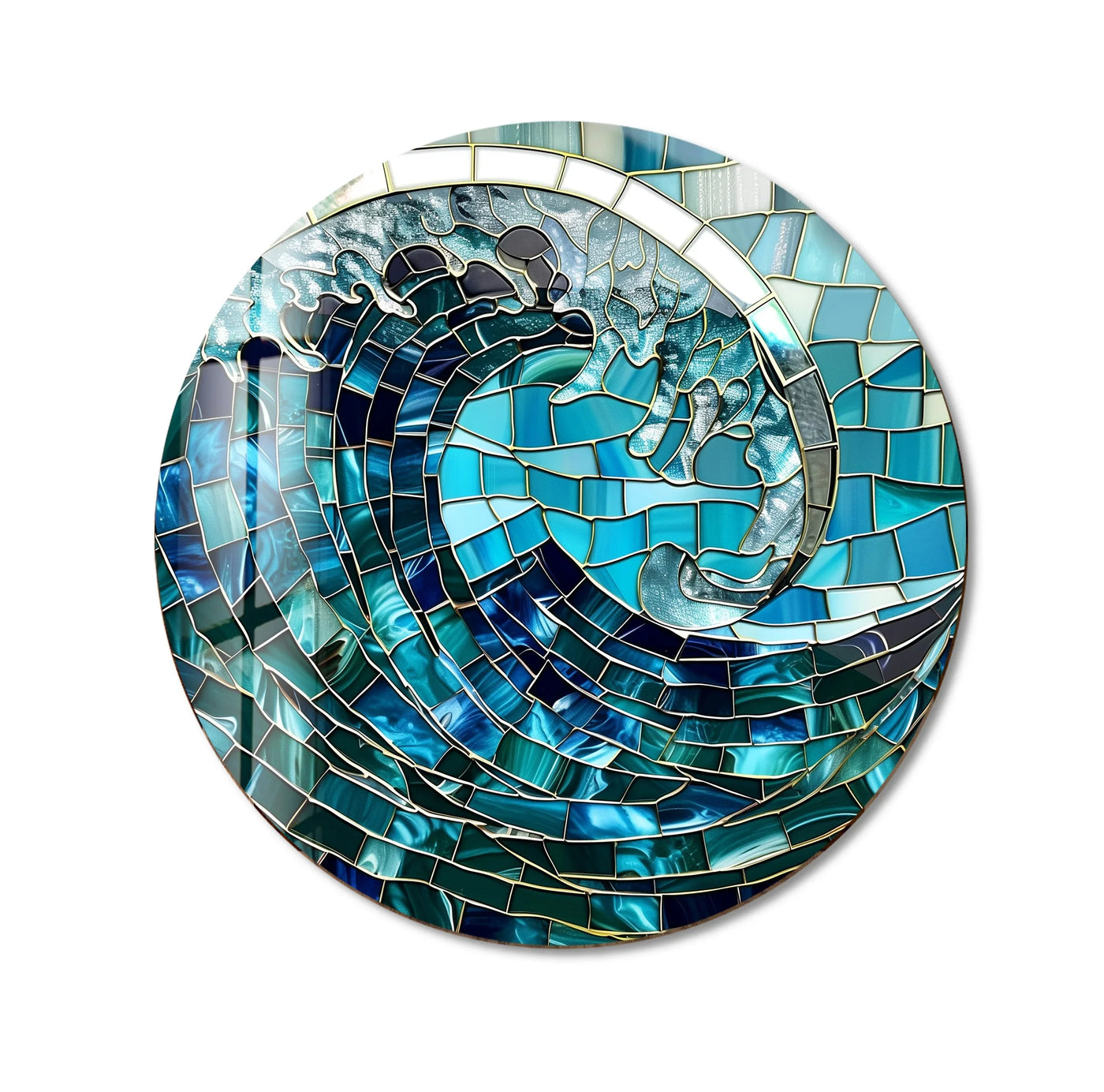 Brilliant color saturation highlights the contrasting blues and teal in this stunning ocean wave mosaic art from glass wall art.