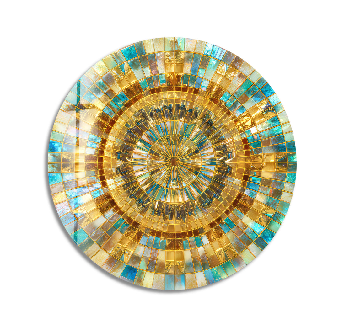 Radiant Gold and Aqua – Mandala Round Glass Wall Art