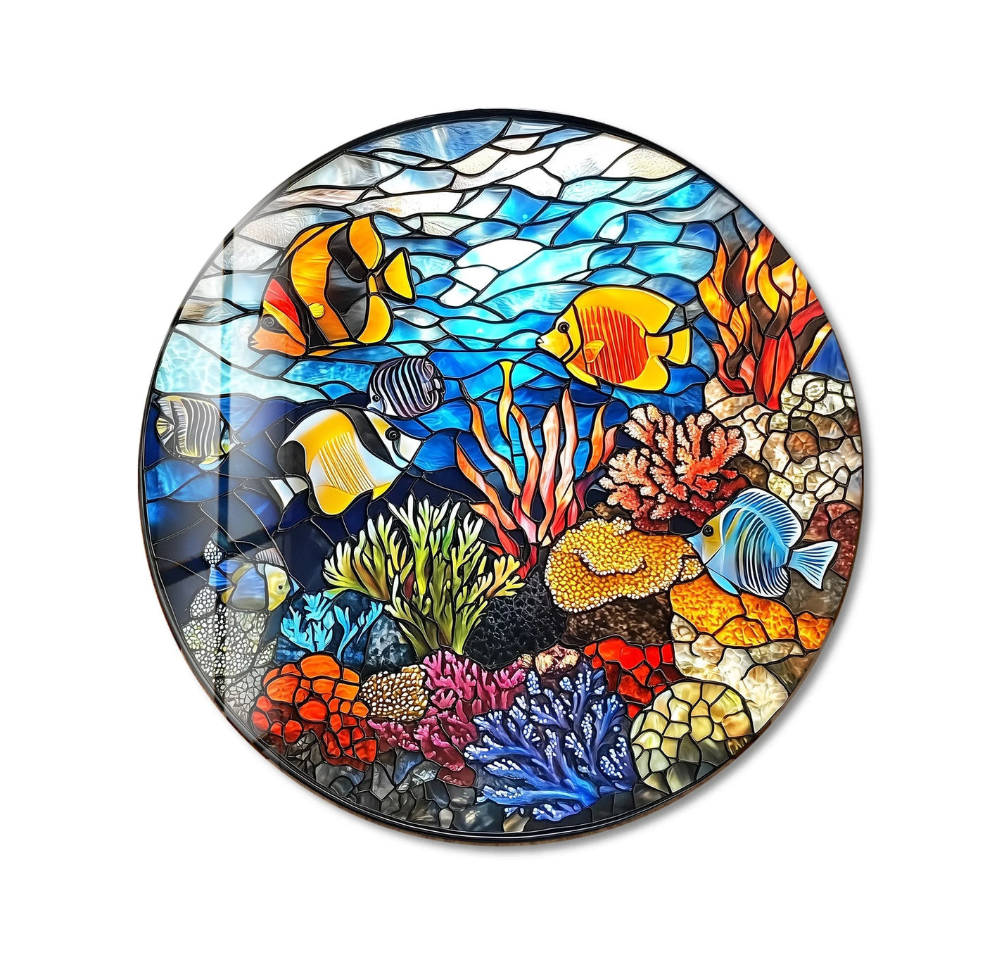 With vibrant color saturation, this coral reef mosaic round art from glass wall art showcases a vivid array of fish and coral in an ocean-themed design.
