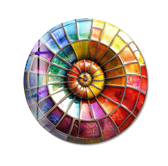 The darkest area of this radiant rainbow mosaic round glass wall art showcases deep indigo and violet hues in a unique glass art painting.