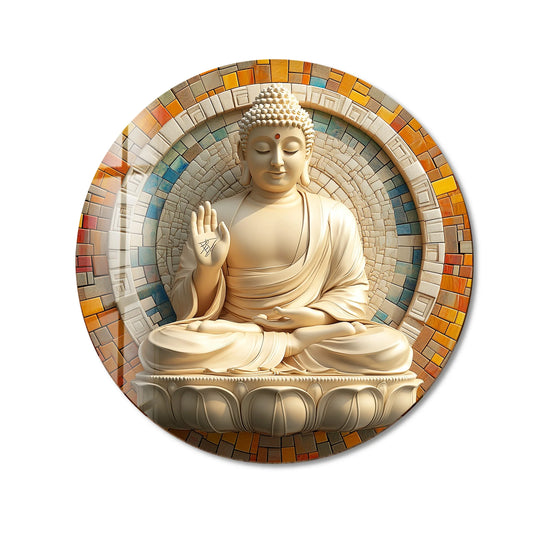 Negative space surrounds this radiant Buddha mosaic in round glass wall art, providing contrast that highlights its design, making it one of the best glass art pieces.