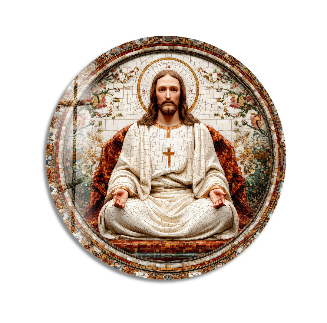 Christ the Redeemer in Ivory – Mosaic Round Glass Wall Art