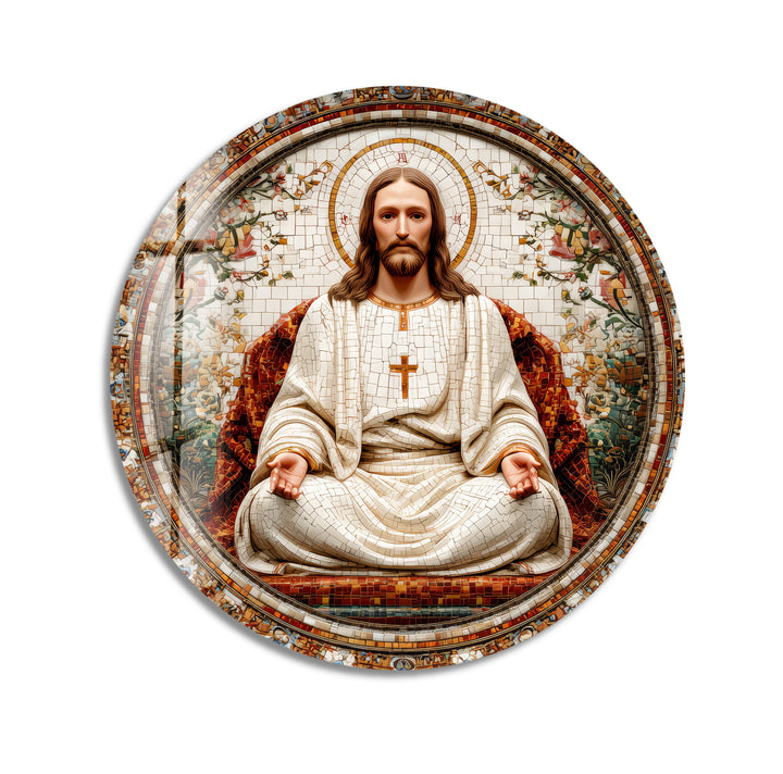 Christ the Redeemer in Ivory – Mosaic Round Glass Wall Art