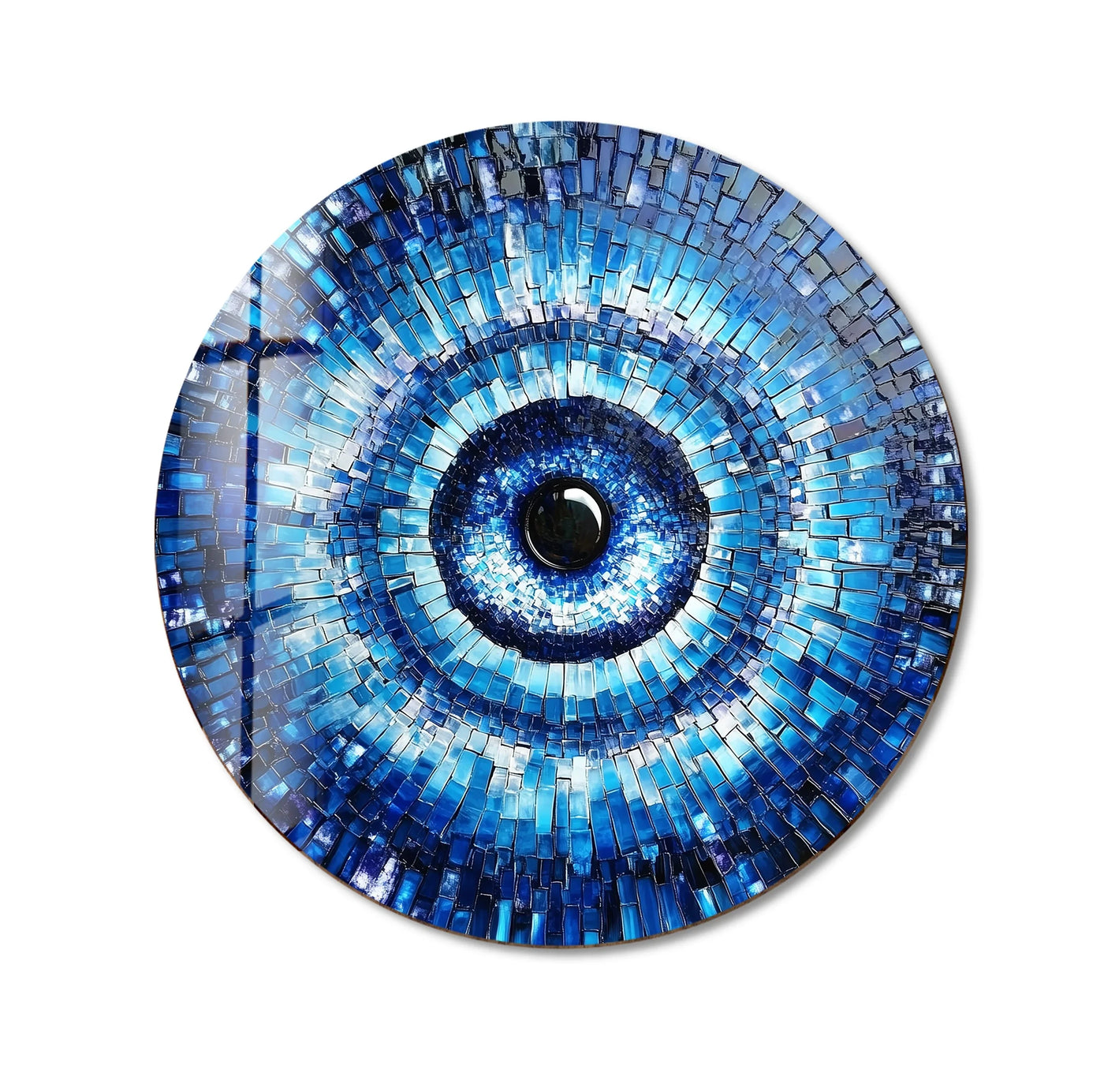 Radiating from a sleek, black center, the organic forms of this Midnight Radiance evil eye round glass wall art create mesmerizing wall art prints with intricate blue mosaic patterns.
