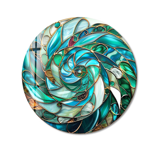 Vibrant color saturation enhances the turquoise and verdant hues in this round glass wall art, a mesmerizing verdant vortex spiral wall prints design.