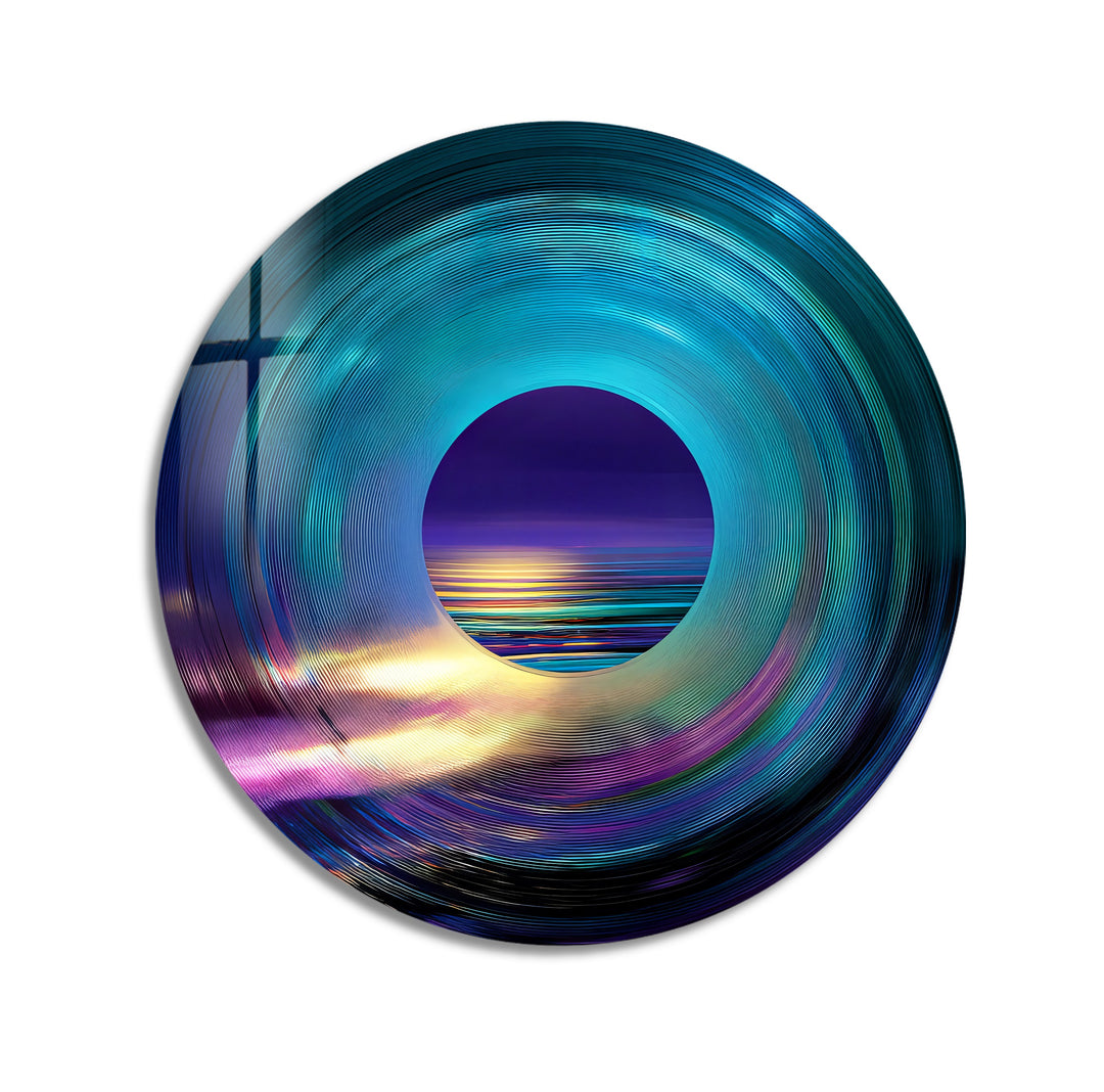 Luminous Horizon – Abstract Ocean View Round Glass Wall Art