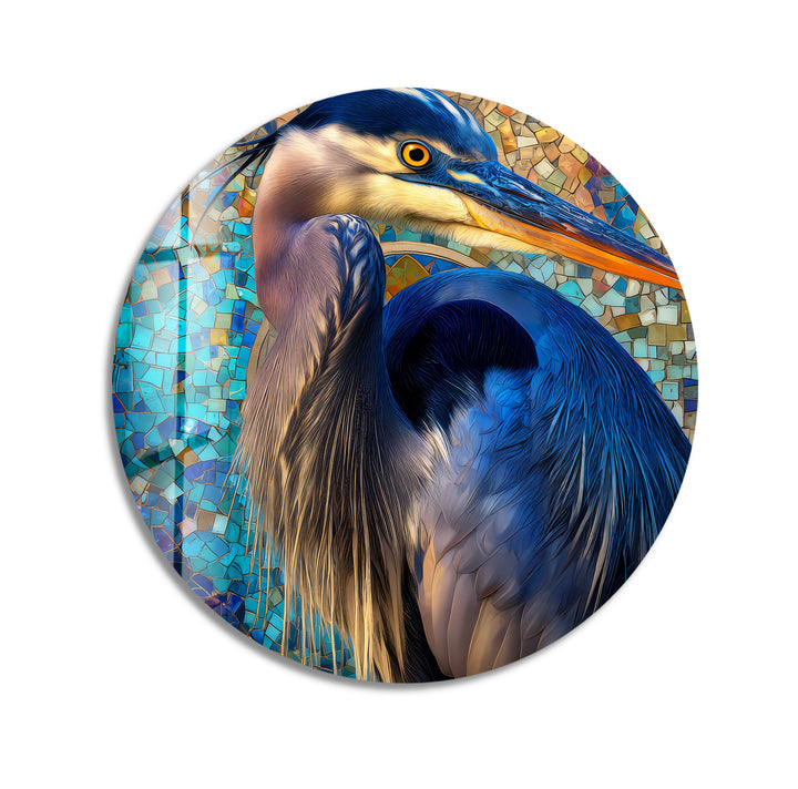 Azure Watchful Heron – Round Glass Wall Art