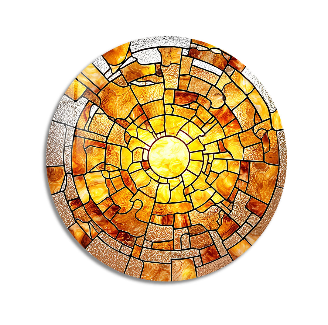 Amber Solar Burst – Round Glass Wall Art