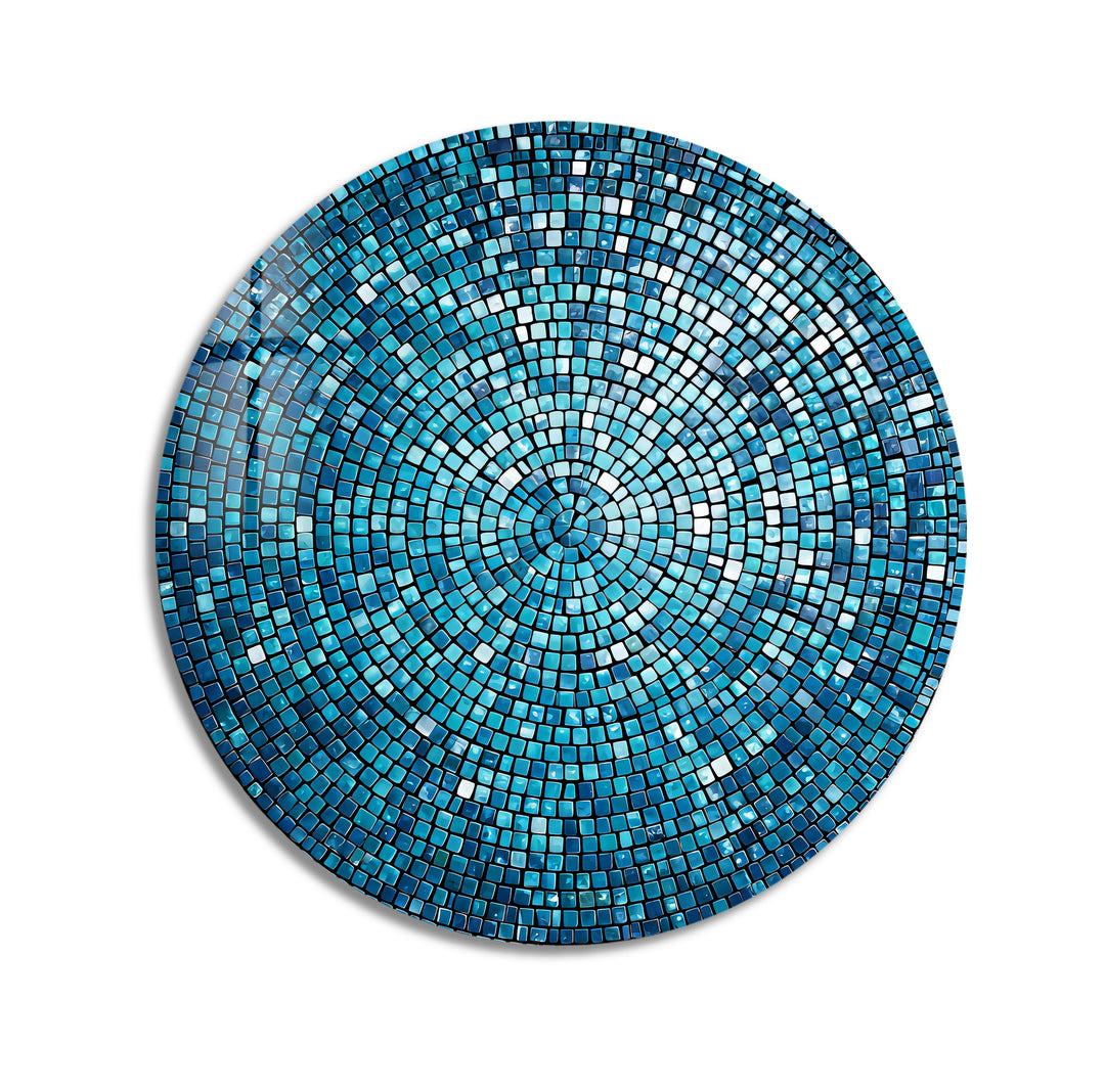 Azure Radiance Mosaic – Round Glass Wall Art