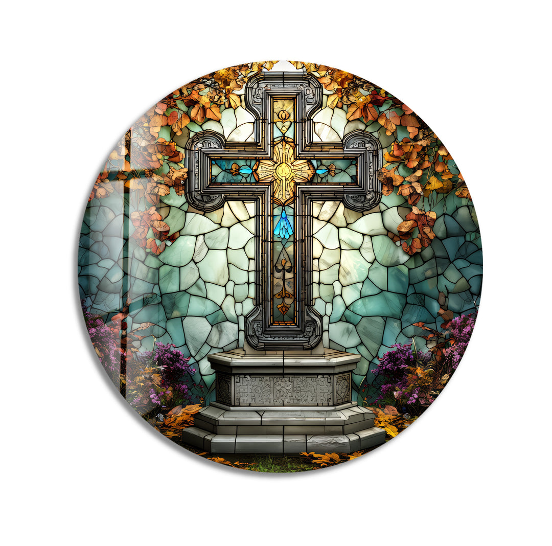 Stained Glass Cross Garden Scene – Round Glass Wall Art