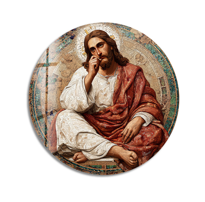 Contemplative Christ Mosaic – Round Glass Wall Art