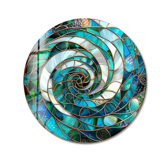 Stillness in the spiraling teal and turquoise Aqua Spiral Harmony round glass printing wall art is captured, creating a mesmerizing, mosaic-like design.