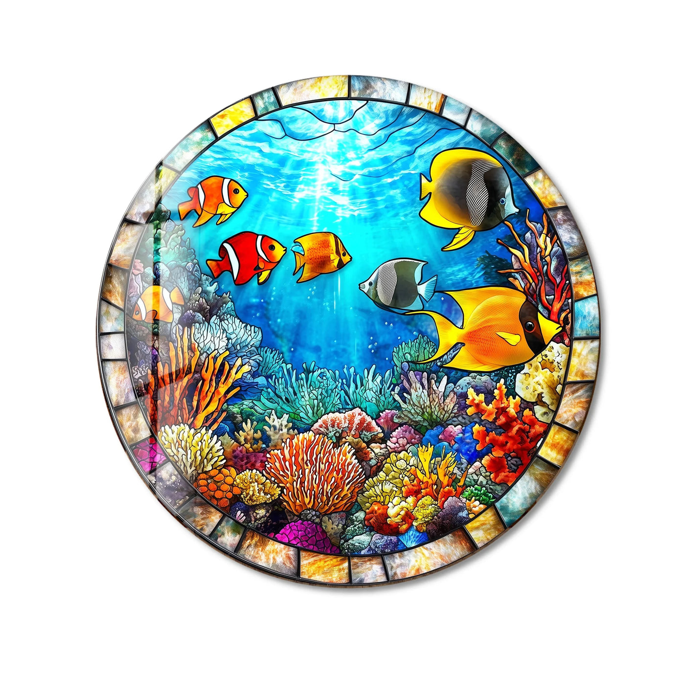Visual rhythm is created in this round glass art painting through the colorful arrangement of tropical fish and coral reef elements.