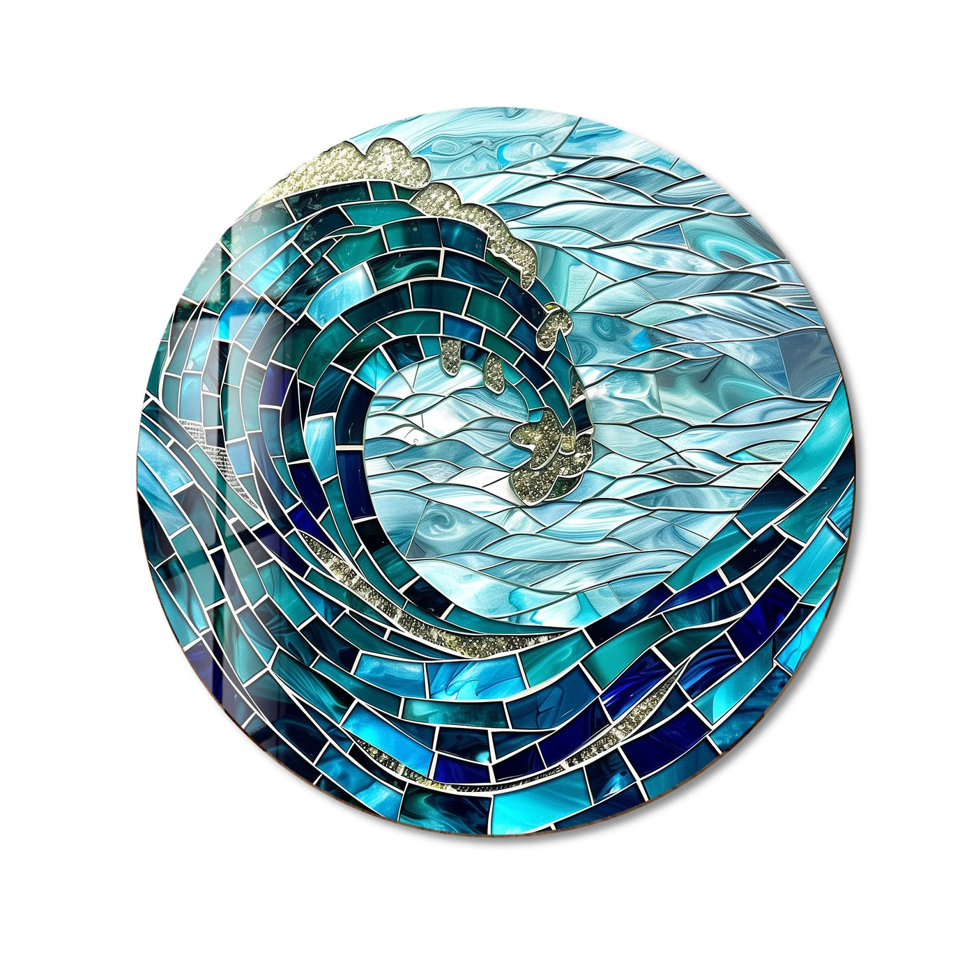 Gradient shifts in this glass wall prints mosaic art showcase an ocean wave's progression from deep sea blues to shimmering golden crest.
