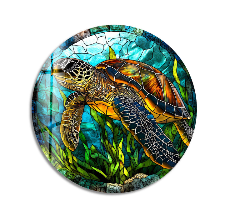 Sea Turtle Stained – Round Glass Wall Art
