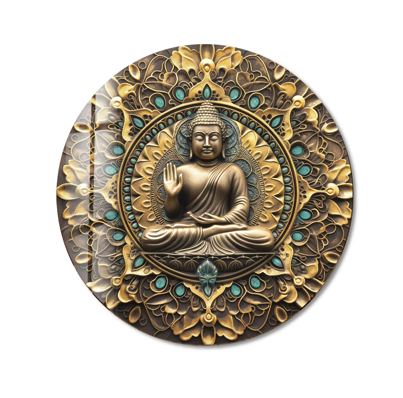 Reflecting exquisite craftsmanship, this ornate round golden mandala Buddha utilizes high-quality glass wall artwork to create a durable and spiritually evocative piece.