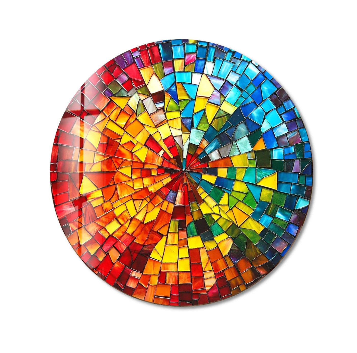 Illuminated by the radiant yellow and orange hues, this rainbow burst mosaic round glass wall art creates stunning wall art prints with its vibrant design.