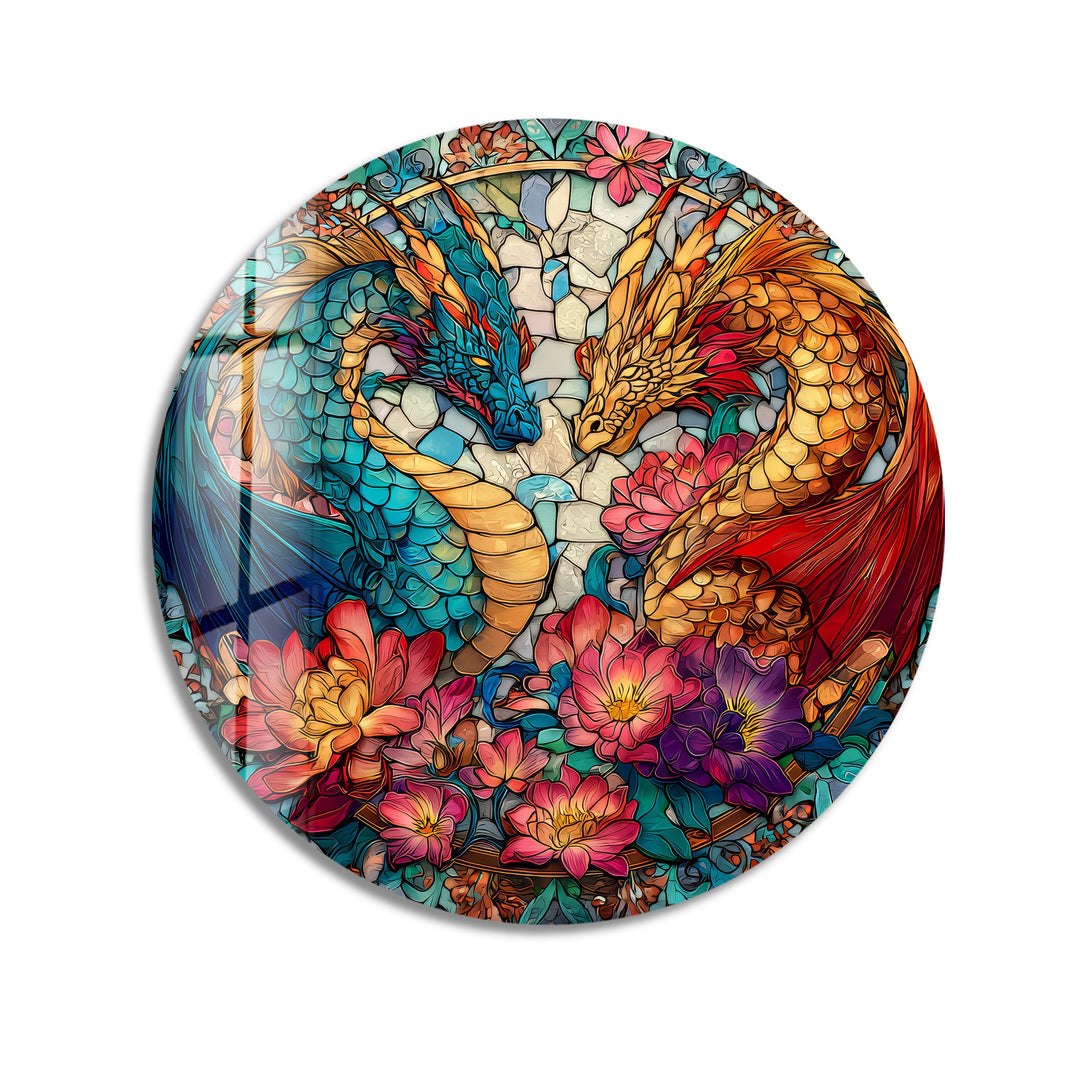 Dual Dragon Stained – Round Glass Wall Art