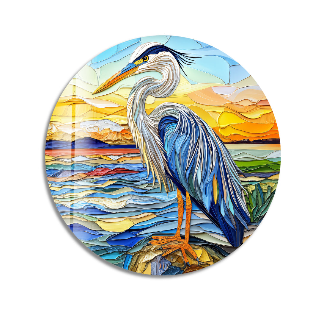 Blue Heron at Dusk – Round Glass Wall Art
