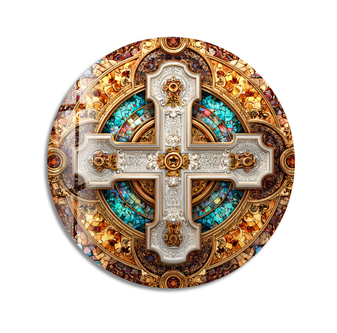 Imperial Cross Mosaic – Round Glass Wall Art