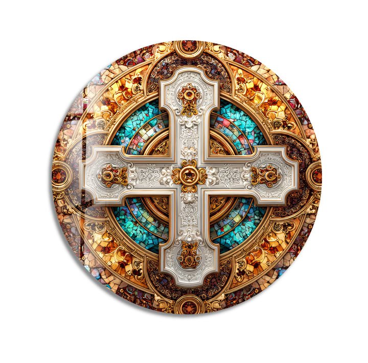 Imperial Cross Mosaic – Round Glass Wall Art