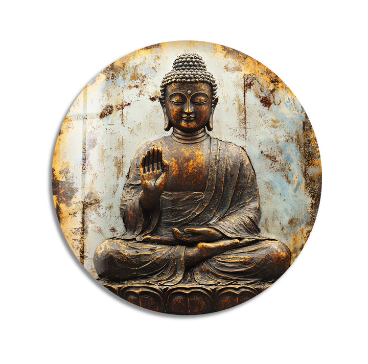 Rustic Buddha Calm – Round Glass Wall Art