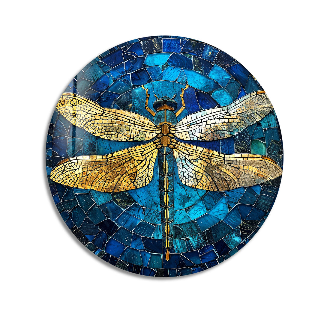 Golden Wings – Dragonfly Mosaic Round Glass Wall Art