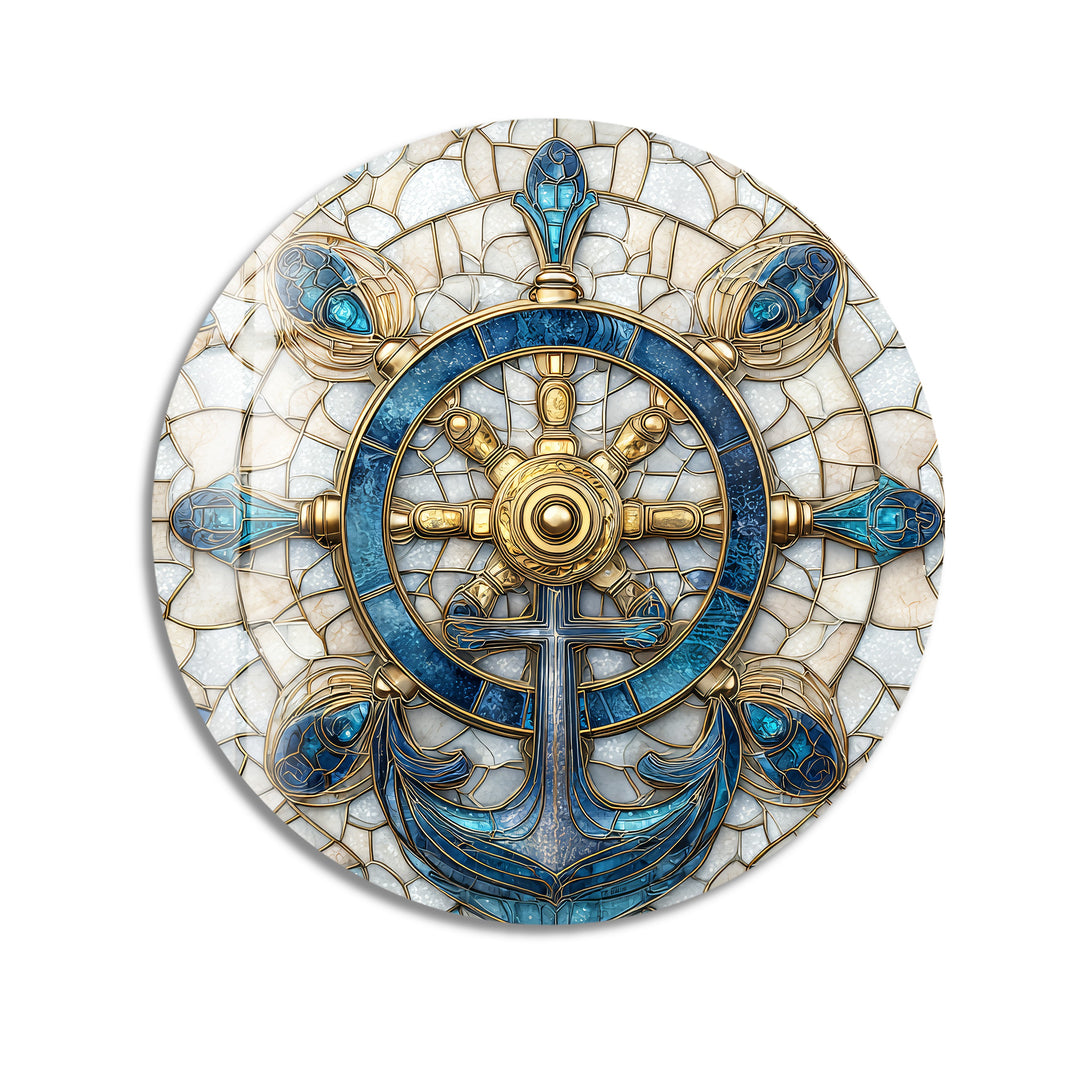 Golden Helm & Anchor Harmony – Round Glass Wall Art