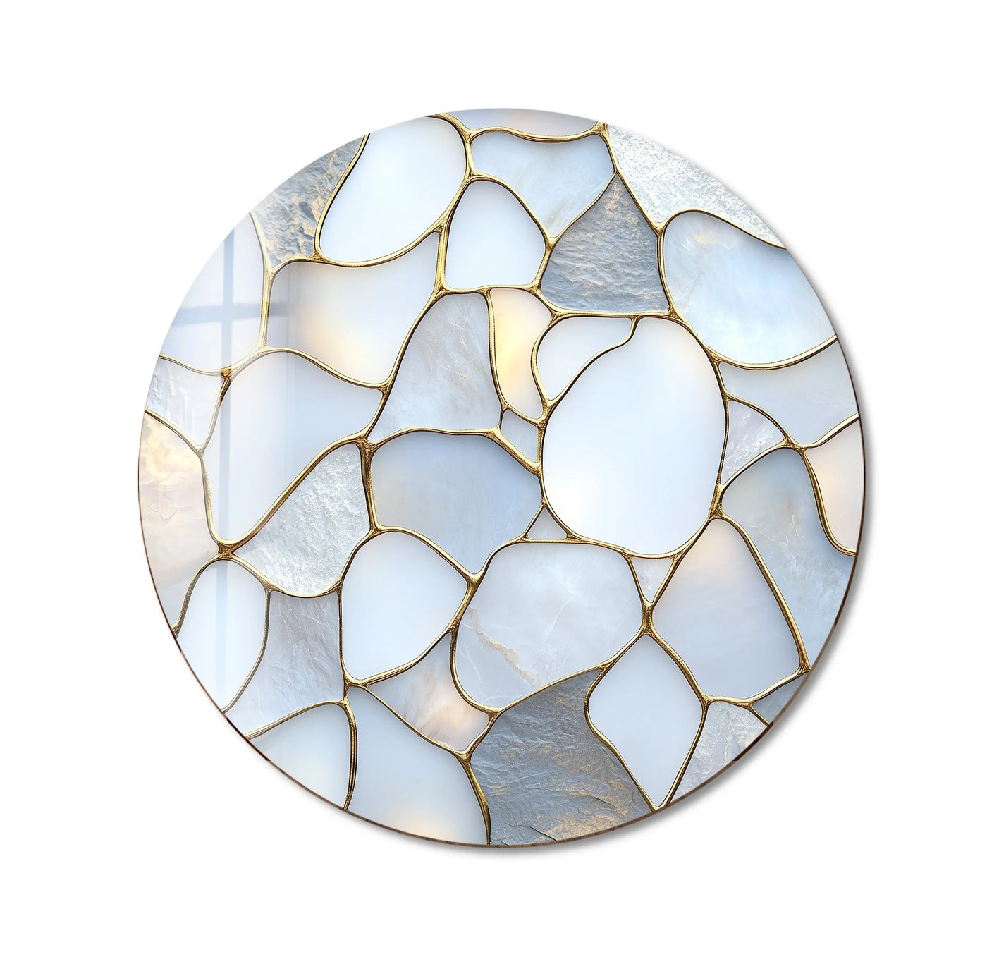 Rippling across the mosaic in the round glass wall art, a unique modern wall decor piece, the white stone segments and gold accents give the illusion of flowing water.