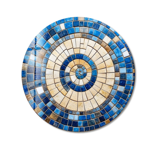 The stillness of the concentric mosaic design is highlighted in this coastal sunburst beige and blue round glass wall art, a showcase of the best glass art.